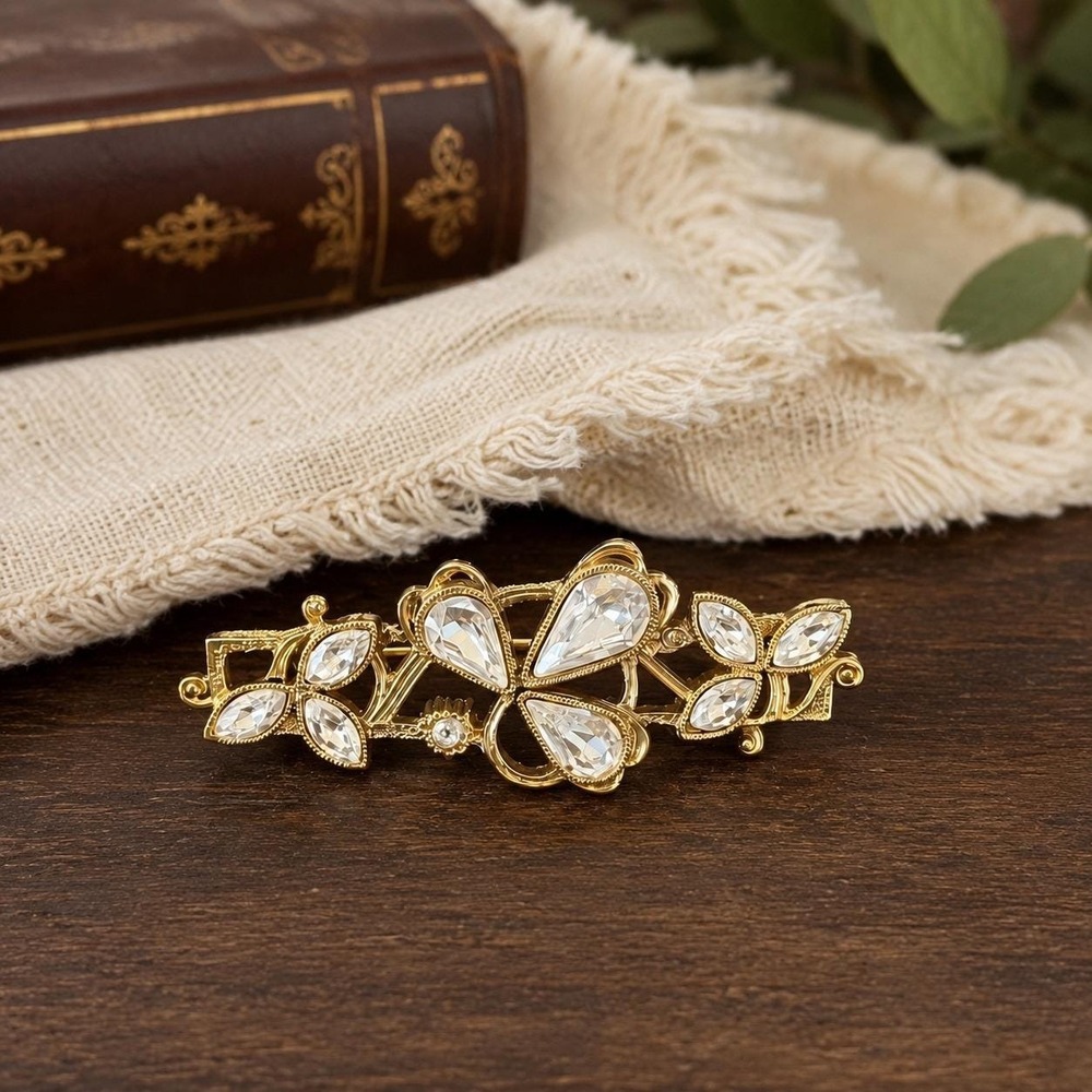 Vintage Rhinestone Bar Brooch Gold Tone Floral Bow Pin Edwardian Style